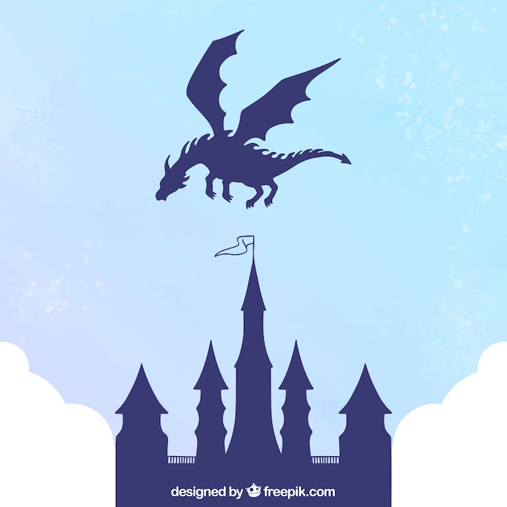 Vecteur gratuit silhouette du château et dragon volant