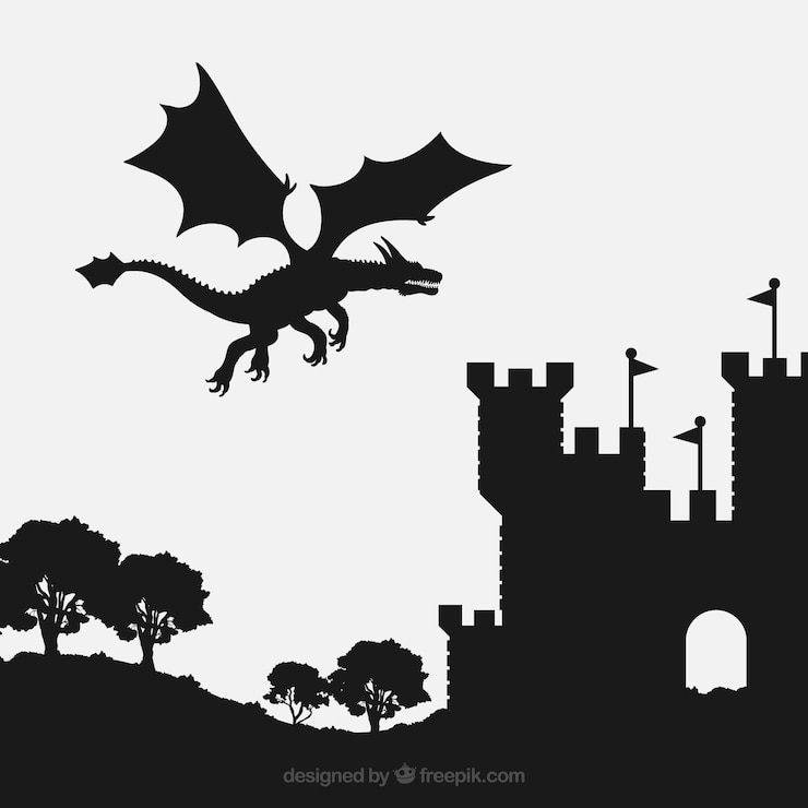 Vecteur gratuit silhouette du château et dragon volant