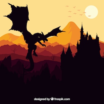 Silhouette du château et dragon volant