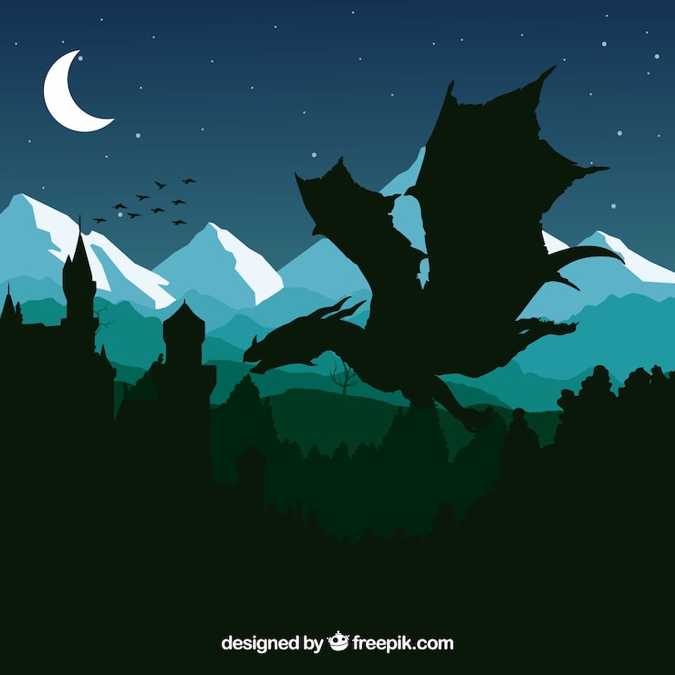 Vecteur gratuit silhouette du château et dragon volant
