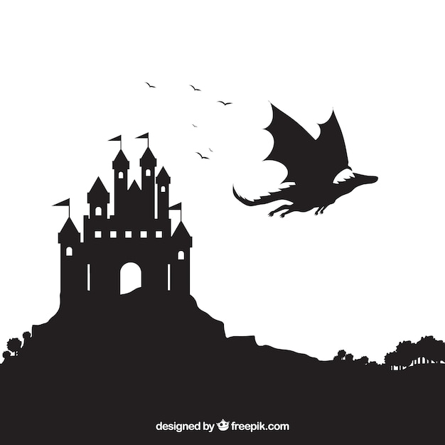 Silhouette du château et dragon volant