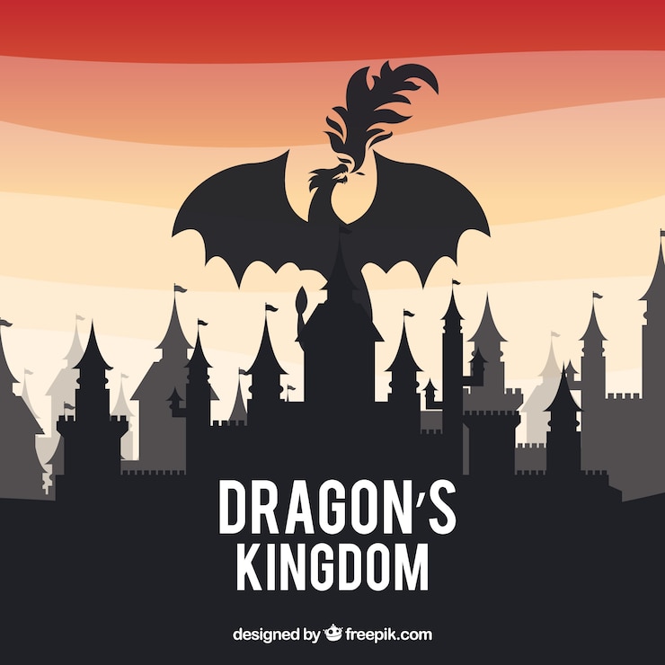 Vecteur gratuit silhouette du château et dragon volant