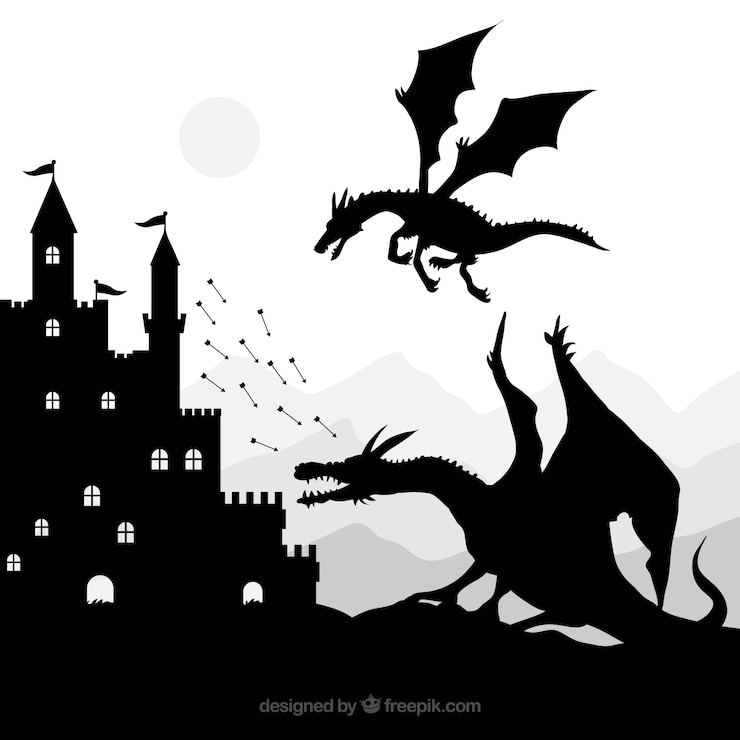 Vecteur gratuit silhouette du château et dragon volant