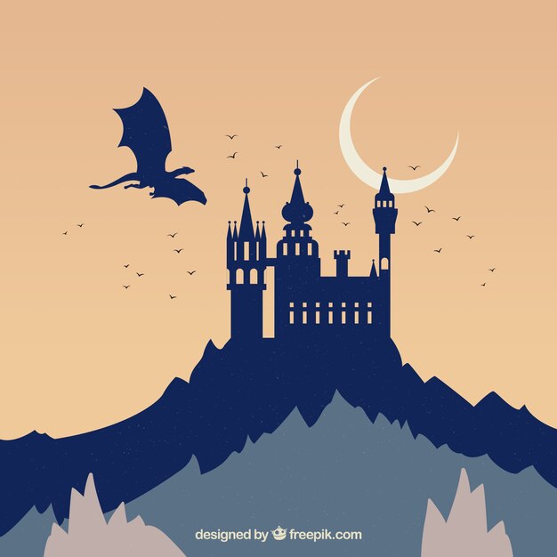 Silhouette du château et dragon volant