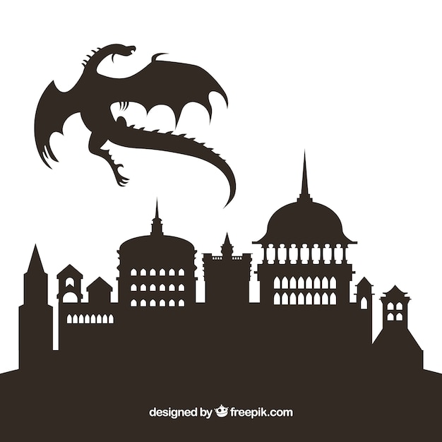 Vecteur gratuit silhouette du château et dragon volant