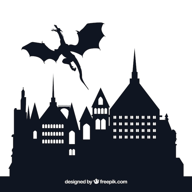 Vecteur gratuit silhouette du château et dragon volant