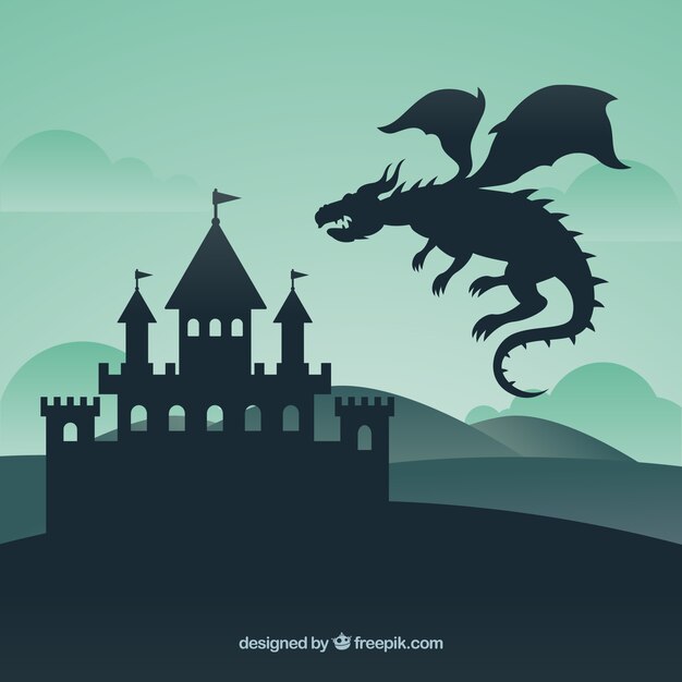 Silhouette du château et dragon volant