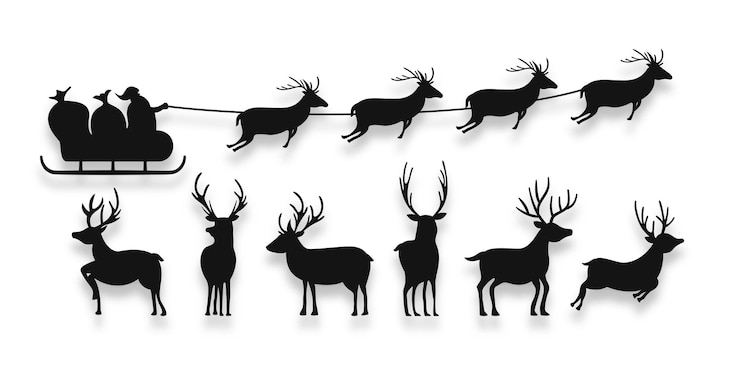 Vecteur gratuit silhouette du père noël volant sur un traîneau avec un design de renne dans l'ensemble