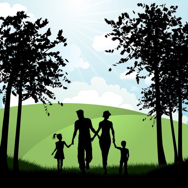 Vecteur gratuit silhouette d'une famille marcher dehors dans la campagne