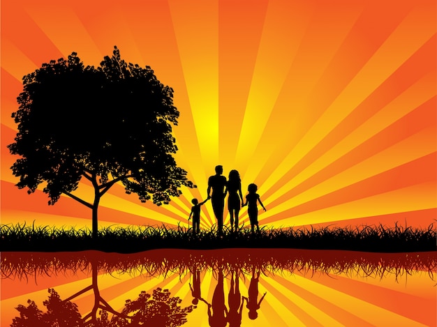 Vecteur gratuit silhouette d'une famille qui marche au coucher du soleil