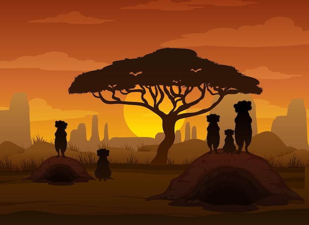 Silhouette De Famille De Suricate à La Forêt De Savane