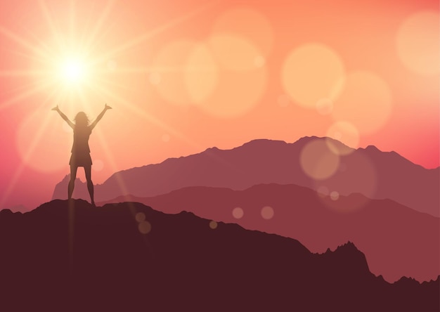 Vecteur gratuit la silhouette d'une femelle s'est tenue sur une montagne contre un ciel de coucher du soleil