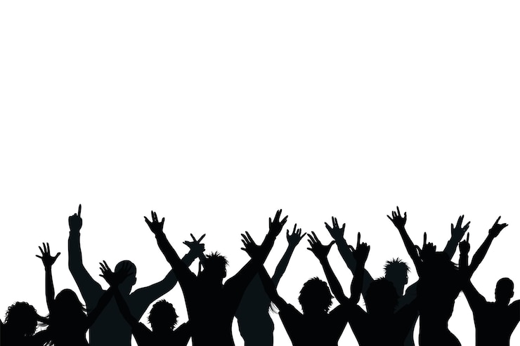 La silhouette de la foule en liesse a excité les jeunes avec les mains levées Heureux groupe d'amis discothèque discothèque joyeux visiteurs