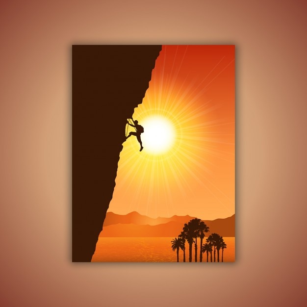 Vecteur gratuit silhouette d'un grimpeur contre un paysage tropical