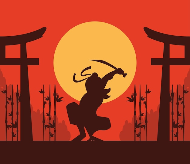 Silhouette De Guerrier Ninja Avec Des Arcs