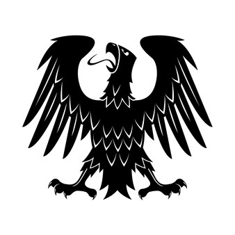 Silhouette héraldique noire d'aigle médiéval avec ailes surélevées, jambes tendues et tête tournée. peut être utilisé comme thème héraldique, symbole héraldique affiché par aigle ou motif d'impression de t-shirt