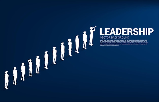 Silhouette d'homme d'affaires regarde à travers le télescope debout devant la ligne. concept de leadership d'entreprise et d'entreprise.