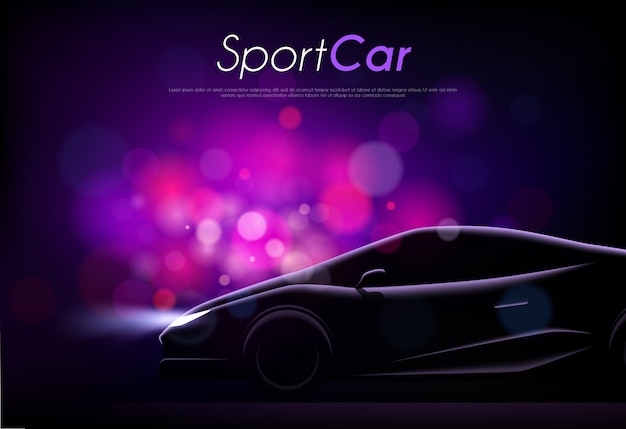 Vecteur gratuit silhouette réaliste du corps de voiture de sport texte modifiable et particules violettes floues illustration vectorielle