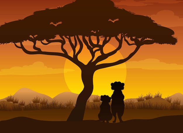 Silhouette De Suricates à La Forêt De Savane