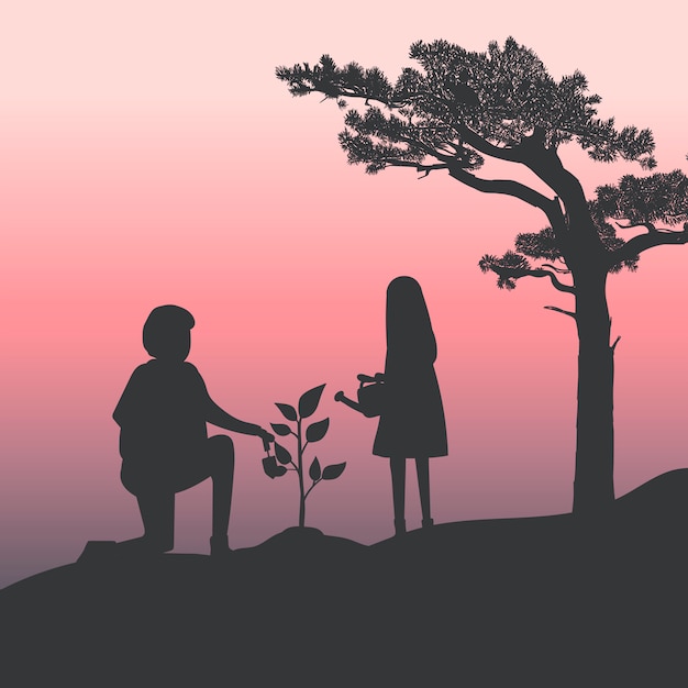 Silhouette De Vecteur De Jardinage Père Et Fille