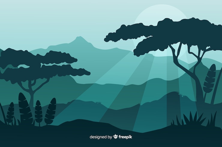 Vecteur gratuit silhouettes des arbres de la forêt tropicale au coucher du soleil