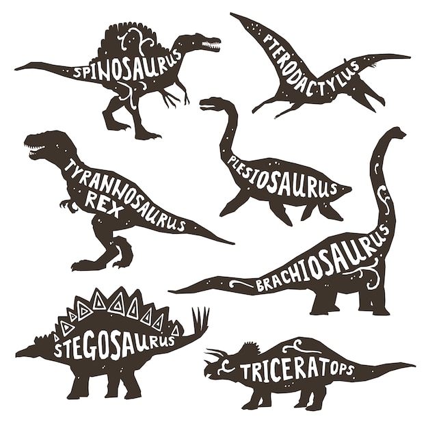 Vecteur gratuit silhouettes de dinosaures avec lettrage