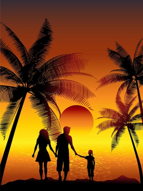 Silhouettes d'une famille marchant sur une plage tropicale