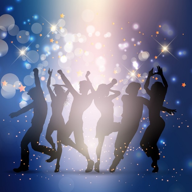 Vecteur gratuit silhouettes de gens qui dansent sur un fond de lumières disco
