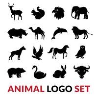 Silhouettes noires d'animaux sauvages sertie d'écureuil lion éléphant cygne et chameau vector illustration isolée