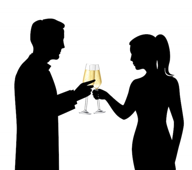Silhouettes noires de couple hétérosexuel buvant du champagne et parlant illustration vectorielle de célébration scène