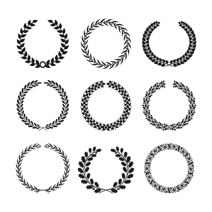 Vecteur gratuit silhouettes noires de feuilles de laurier circulaire et de couronnes de blé. élément de victoire, paix et gagnant, signe de collection de qualité.