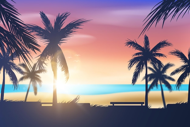 Vecteur gratuit silhouettes de palmiers et fond de plage