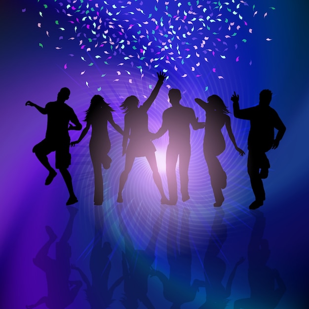 Silhouettes de personnes dansant sur le fond avec des confettis