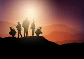 Vecteur gratuit silhouettes de soldats à l'affût dans un paysage au coucher du soleil