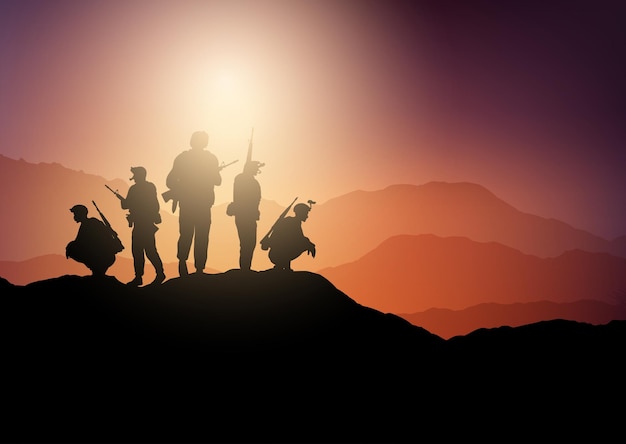 Silhouettes de soldats à l'affût dans un paysage au coucher du soleil