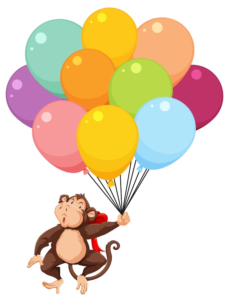 Vecteur gratuit un singe flottant avec des ballons colorés