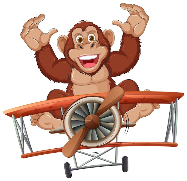 Vecteur gratuit le singe joyeux pilote un avion vintage