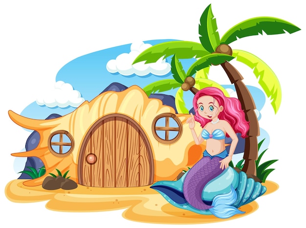 Sirène et maison de coquille sur le style de dessin animé de plage sur le ciel