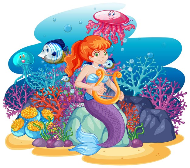 Sirène mignonne avec style de dessin animé de scène de thème de mer animal isolé
