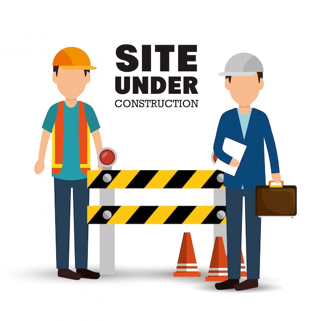 Vecteur gratuit site en construction affiche hommes travailleur avertissement panneau