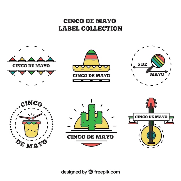 Six étiquettes de cinq de mayo avec des éléments plats