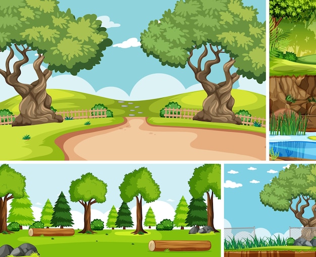 Vecteur gratuit six scènes différentes dans le style de dessin animé de la nature