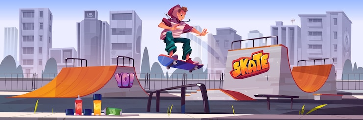 Vecteur gratuit skate park avec garçon à cheval sur la planche à roulettes. paysage urbain de dessin animé de vecteur avec des rampes, des graffitis sur les murs, des aérosols pour le dessin et un adolescent saute sur la bonne voie. aire de jeux pour activités sportives extrêmes