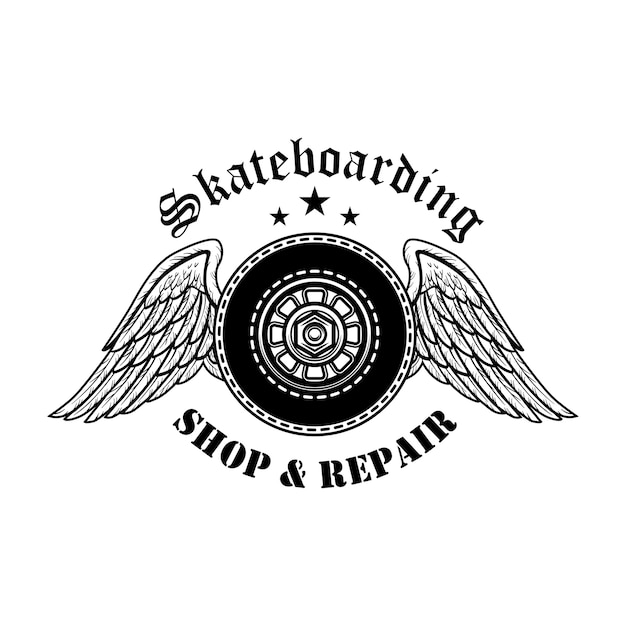 Skateboards Réparation Illustration Vectorielle De Symbole. Roues De Planches Avec Des Ailes D'ange Et Du Texte