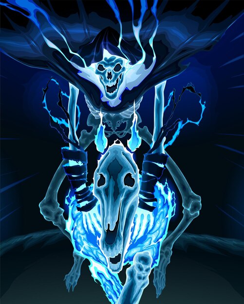 Skeleton chevauche un cheval fantôme. Illustration d'horreur vectorielle