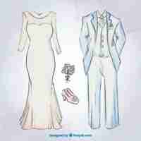 Vecteur gratuit sketches brid robe et costume de mariage avec accessoires