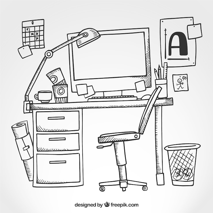 Vecteur gratuit sketchy bureau avec un ordinateur