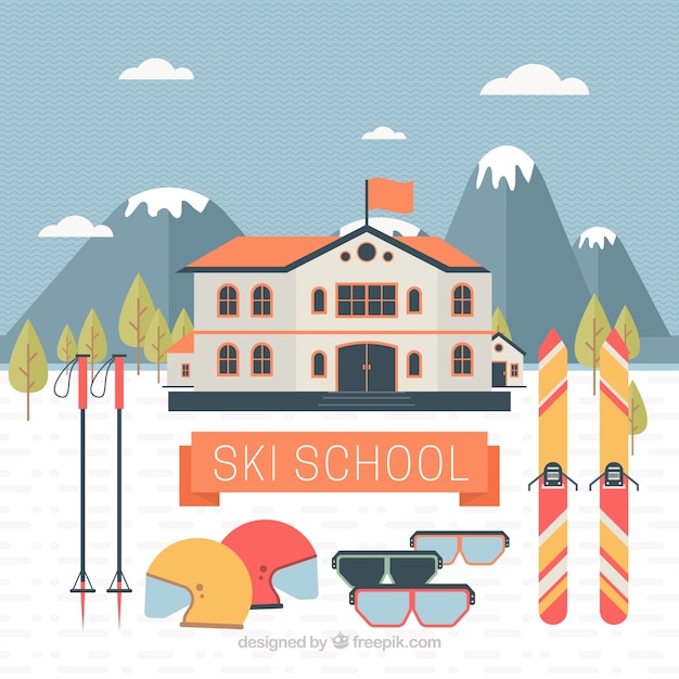 Vecteur gratuit ski de fond à l'école avec des accessoires en design plat