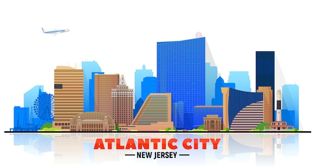 Skyline d'Atlantic City New Jersey sur fond blanc Illustration vectorielle plane Concept de voyage et de tourisme d'affaires avec des bâtiments modernes Image pour bannière ou site Web