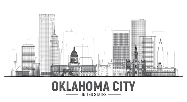 Skyline De La Ligne Américaine D'oklahoma City Sur Fond Blanc Style Réaliste De Trait Avec Des Monuments Célèbres Et Des Bâtiments De Grattoir Modernes Illustration Vectorielle Pour La Production Web Ou Imprimée